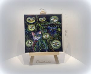 Petite toile Chat aux lumières de la nuit 10 cm X 10 cm