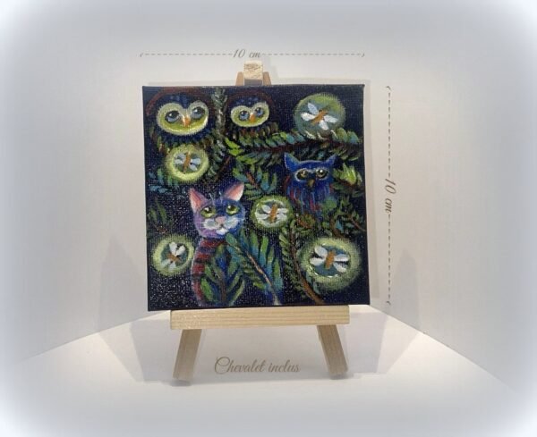 Petite toile Chat aux lumières de la nuit 10 cm X 10 cm