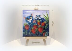 Petite toile Chat dans les fraises 10 cm X 10 cm